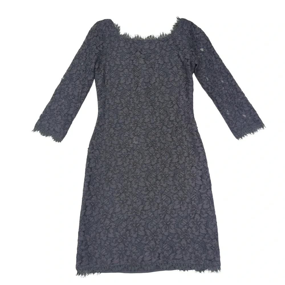 Diane von Furstenberg‎ Gray Lace Zarita Dress Fitted Midi Long Sleeve